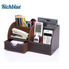Load image into Gallery viewer, Half PU Leather Office Desk Organizer Marble Stationery Pen Pencil Holder Storage Box Container Multi Function Wood Structure